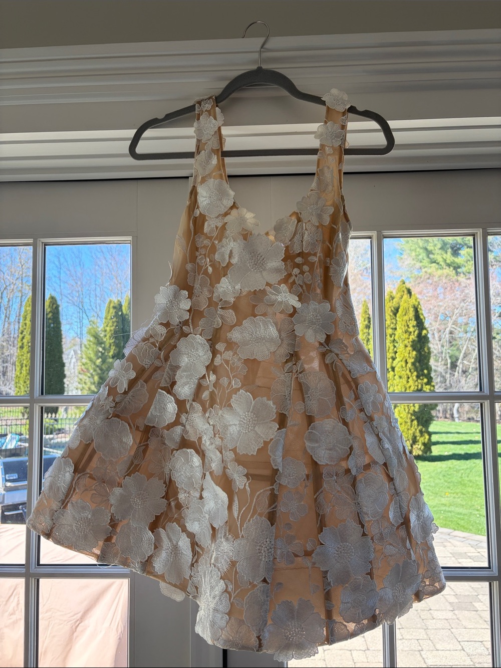 Bronx and Banco Beige Dress with White Floral Appliqué